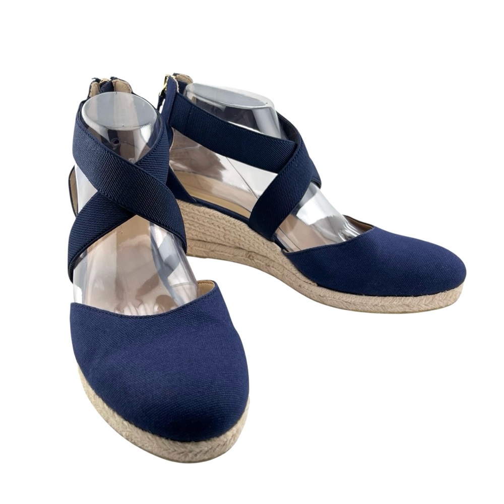 Talbots Lyndsay D'Orsay Espadrille Wedge Shoes 9.5 Blue Canvas Coastal Preppy - Picture 2 of 10